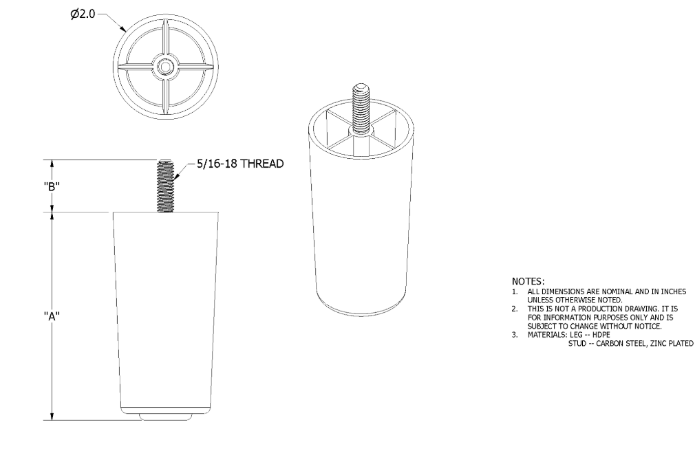 Leg, Plastic, Round , With Bolt, Wood Grain