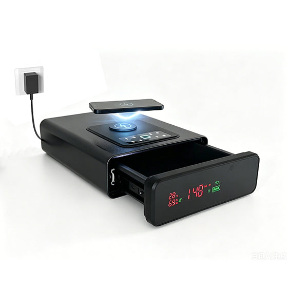 Biometric Safe with Wireless Charging, 3 Access Methods to Unlock, Nightstand Drawer Safe LED Display with Humidity & Temperature and 12-Hour Time Clock