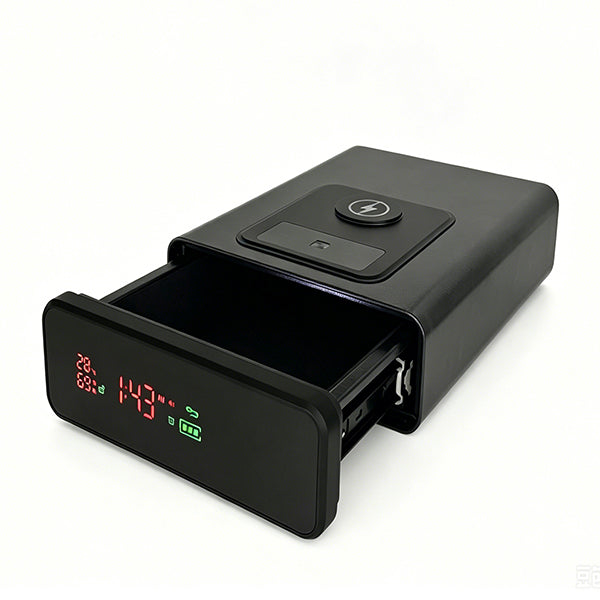 Biometric Safe with Wireless Charging, 3 Access Methods to Unlock, Nightstand Drawer Safe LED Display with Humidity & Temperature and 12-Hour Time Clock