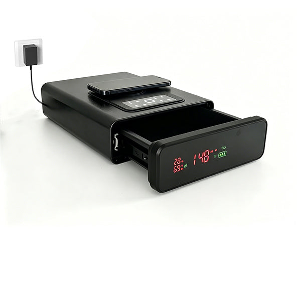 Biometric Safe with Wireless Charging, 3 Access Methods to Unlock, Nightstand Drawer Safe LED Display with Humidity & Temperature and 12-Hour Time Clock